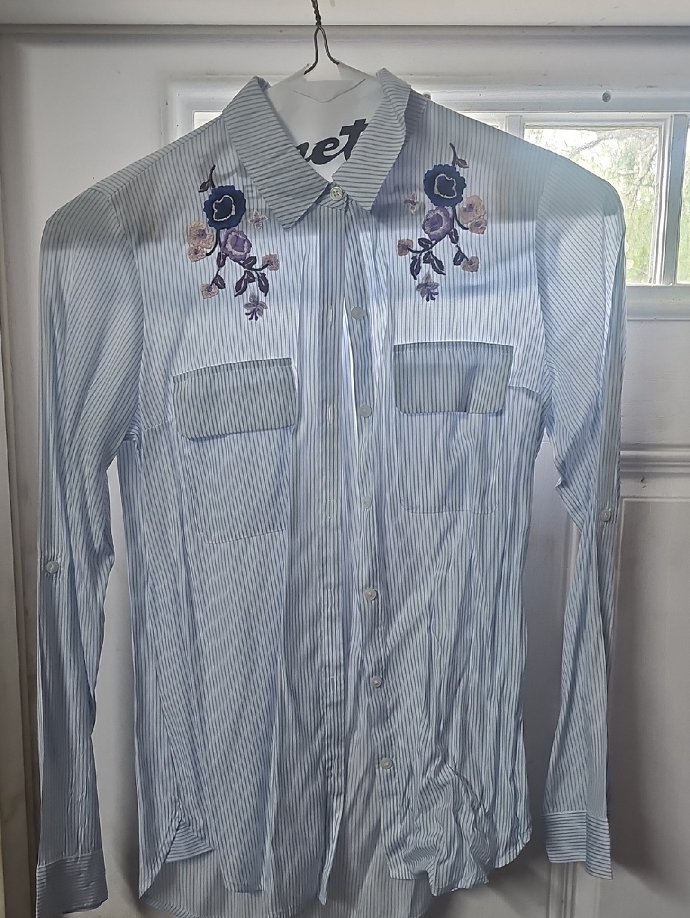 EXPRESS- Striped Light Blue Womens Button-Up Shirt with Floral Embroidery-